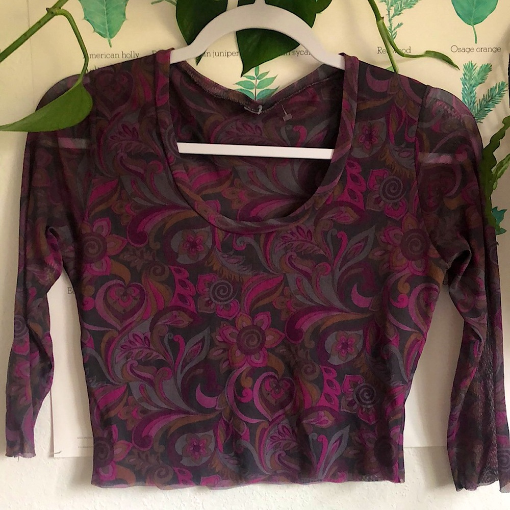 Y2K Mesh Purple Cropped Paisley Top